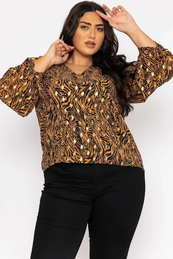 Rowen Avenue V Neck Tie Sleeve Top In Gold Animal Print*Women Tops & Blouses