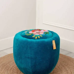 Carraig Donn HOME Velvet Floral Embroidered Footstool* Homeware