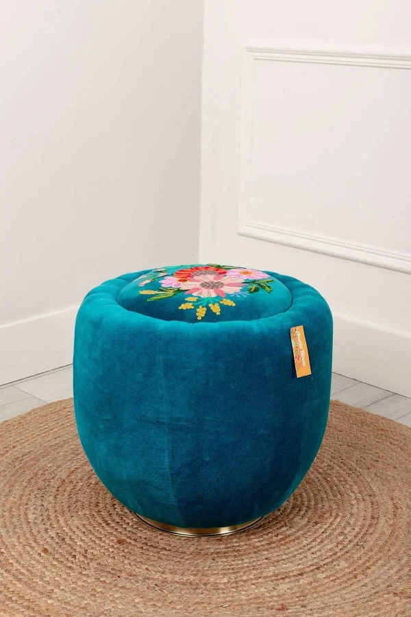 Carraig Donn HOME Velvet Floral Embroidered Footstool* Homeware