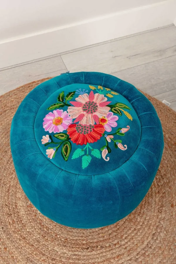 Carraig Donn HOME Velvet Floral Embroidered Footstool* Homeware