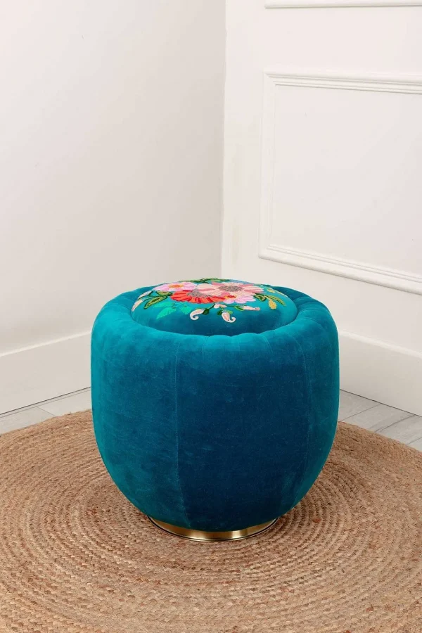 Carraig Donn HOME Velvet Floral Embroidered Footstool* Homeware