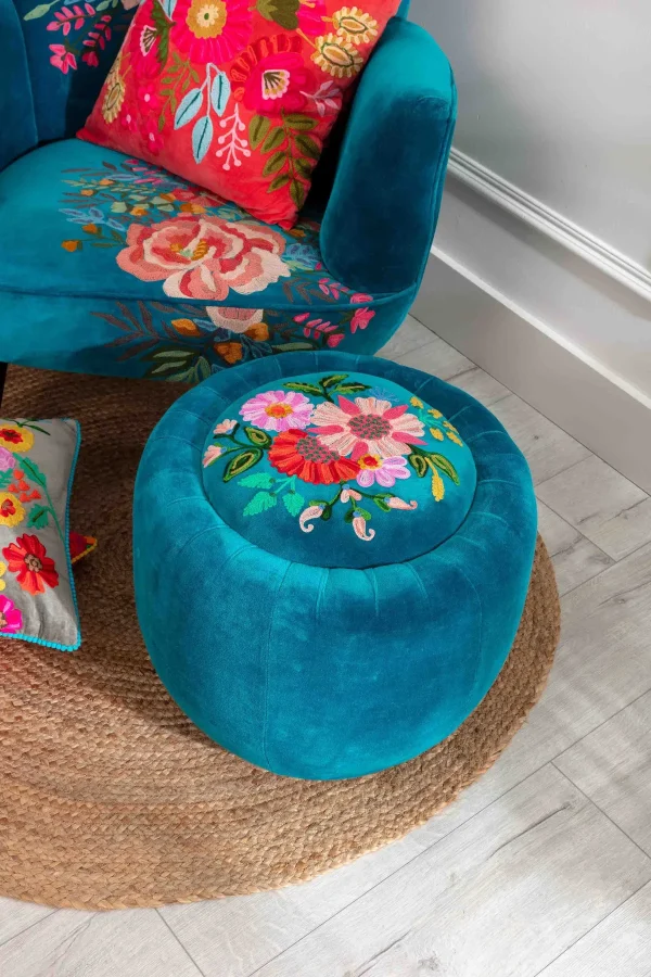 Carraig Donn HOME Velvet Floral Embroidered Footstool* Homeware