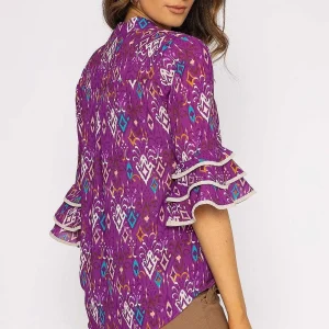 Pala D'oro V-Neck Frill Sleeve Top In Magenta Print*Women Tops & Blouses