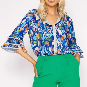 Pala D'oro V-Neck Frill Sleeve Top In Blue Print*Women Tops & Blouses