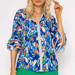 Pala D'oro V-Neck Frill Sleeve Top In Blue Print*Women Tops & Blouses