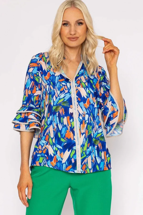 Pala D'oro V-Neck Frill Sleeve Top In Blue Print*Women Tops & Blouses