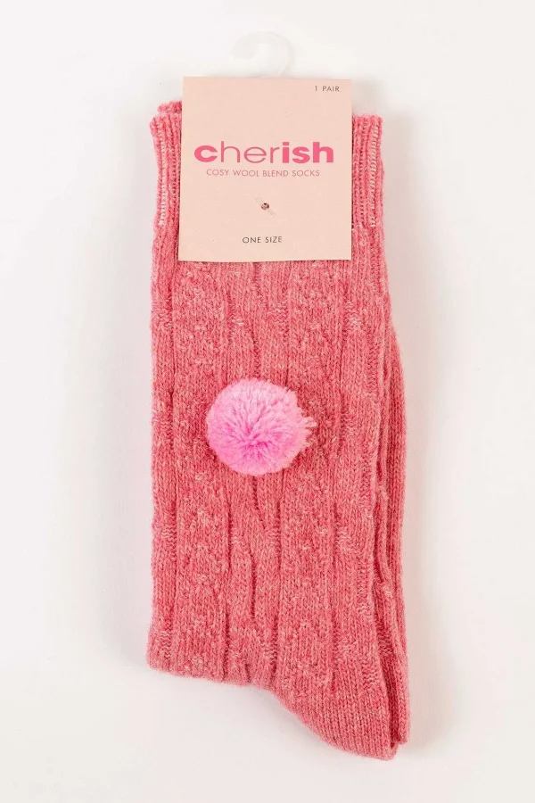 Cherish Accessories Wool Blend Pom Pom Socks In Pink*Women Nightwear