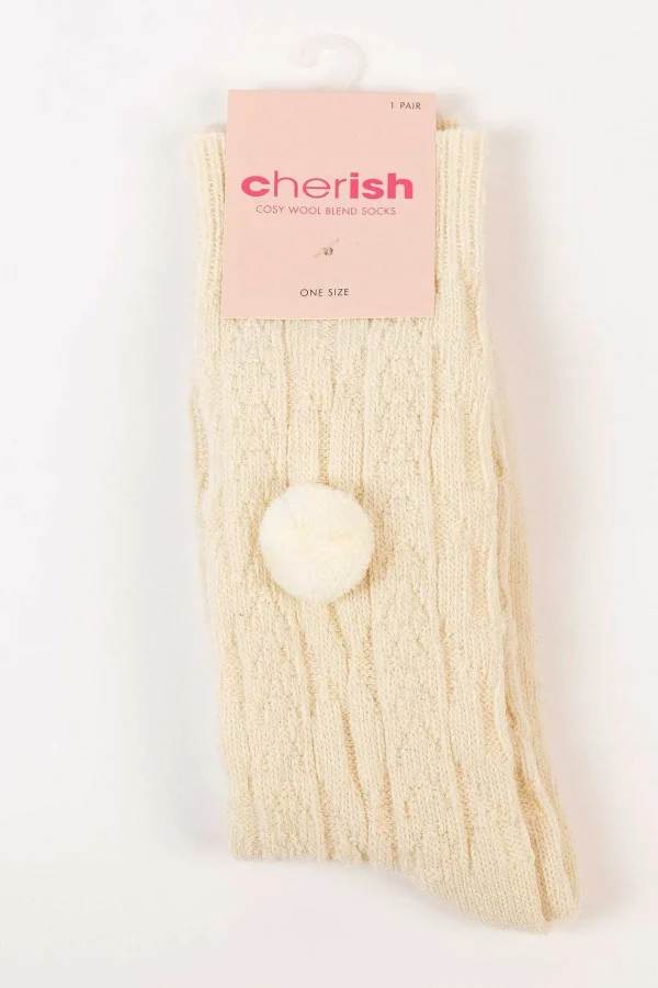 Cherish Accessories Wool Blend Pom Pom Socks In Cream*Women Nightwear