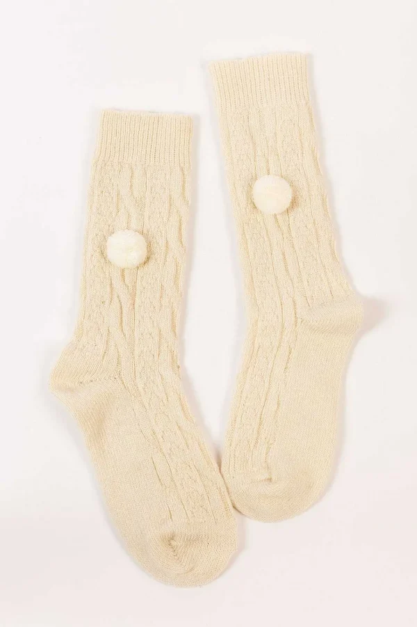 Cherish Accessories Wool Blend Pom Pom Socks In Cream*Women Nightwear