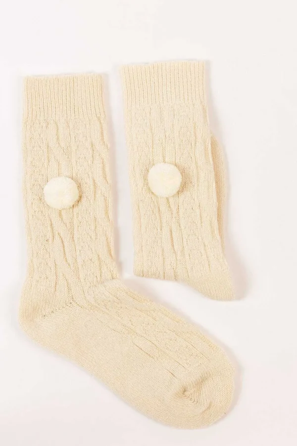 Cherish Accessories Wool Blend Pom Pom Socks In Cream*Women Nightwear